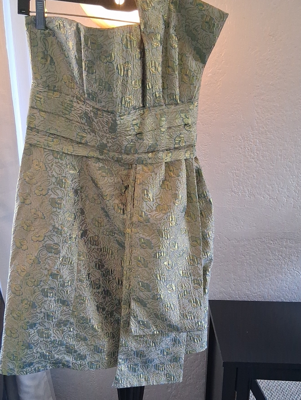 Strapless Metallic Green Brocade Cocktail Dress